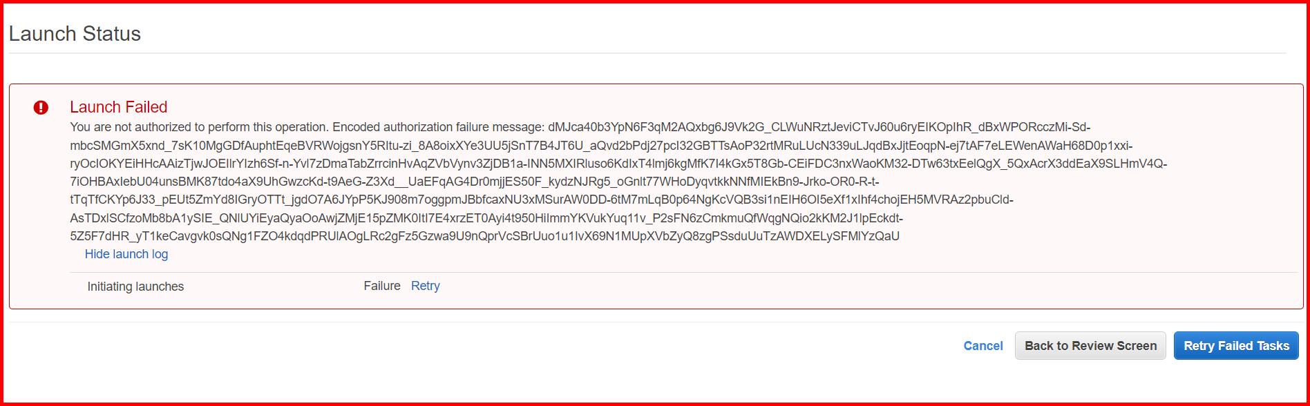 Picture showing the error message when ec2 instance is launched other than t2.micro